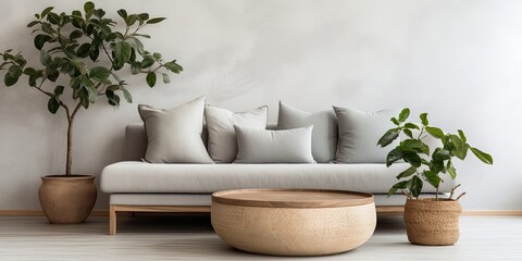 Living room with grey sofa, wooden coffee table, houseplant, and wicker basket.