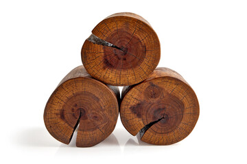 Saws of sanded walnut wood with cracks isolated on a white background