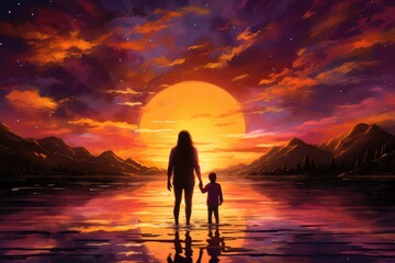 Artistic depiction of a woman and child standing together, admiring the beauty of a vibrant sunset, A mesmerizing Mother's Day sunset, AI Generated