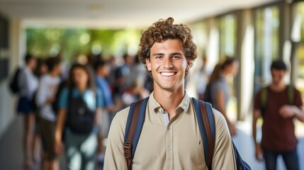 Smiling young male college student with curly hair standing in school hallway