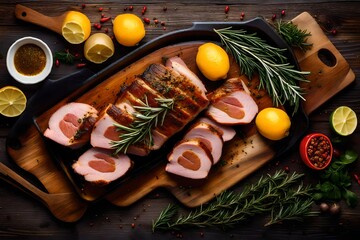 Sunday roasted pork tenderloin, juicy and succulent oven-baked piece of meat rubbed with mustard...