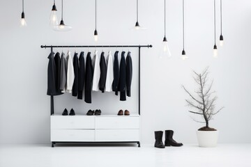 A modern white closet featuring a dresser and a sleek black coat rack, embodying a minimalist aesthetic, A minimalist wardrobe against a Scandinavian backdrop, AI Generated
