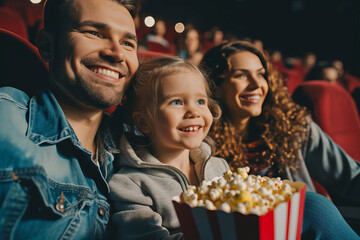 Obraz na płótnie Canvas Happy family with popcorn in the cinema auditorium. AI generative