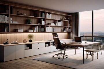 The image shows a room with a desk, chairs, shelves, and a window, A modern minimalist office space with sleek furniture and tech gadgets, AI Generated