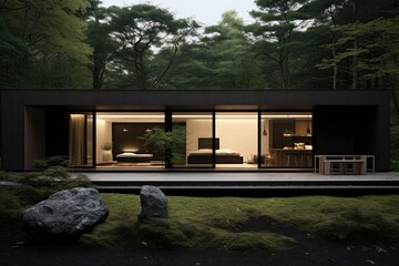 A charming house nestled in a lush forest, providing a tranquil haven amidst the beauty of nature, A modern Japanese home with minimalistic design, AI Generated