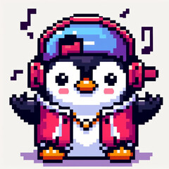 Fototapeta premium A little penguin listening to music in pixel art