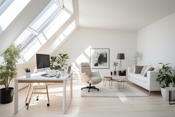 A well-equipped office room featuring a desk, chair, computer, and a comfortable couch, A modern minimalist office space with sleek furniture and tech gadgets, AI Generated