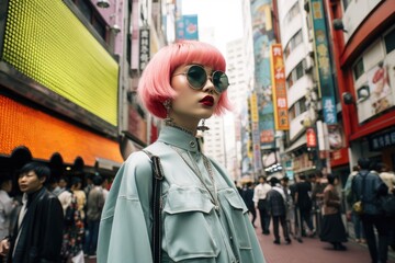 Obraz premium A stylish woman with vibrant pink hair and sunglasses struts confidently on a bustling city street, A modern street style scene in Tokyo, AI Generated