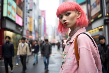 A woman with vibrant pink hair standing confidently in the midst of a bustling city street, A modern street style scene in Tokyo, AI Generated