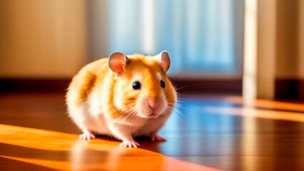 One cute little pet hamster on floor in room flooded with light. Concept of animal care. Close-up. Copy space.