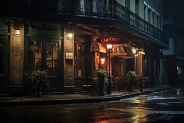 Fototapeta premium An atmospheric image capturing the lively energy of a city at night during a rainfall, featuring a restaurant aglow with enchanting lights, A moody jazz club in New Orleans, AI Generated