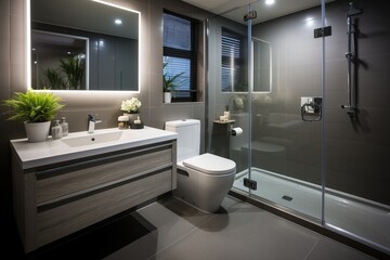 Modern bathroom interior with dark tiles and glass shower