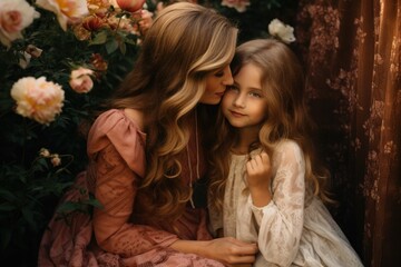 A woman and a little girl sit side by side, sharing a joyful moment filled with love and warmth, A mother and daughter sharing a secret on Mother's Day, AI Generated
