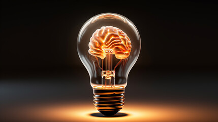 Human brain glowing inside of light bulb on dark background.Generative AI