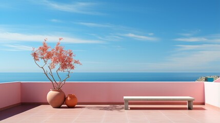 pink architecture with potted tree overlooking the ocean