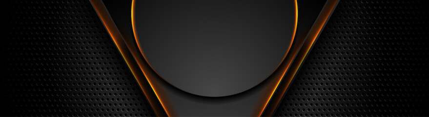 Black perforated banner with orange glowing triangles and circle. Technology vector banner design