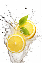 lemon, lemonade with splashes of water on a white background.Generative AI