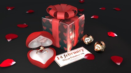 valentines day concept with wedding ring and gift 3d illustration