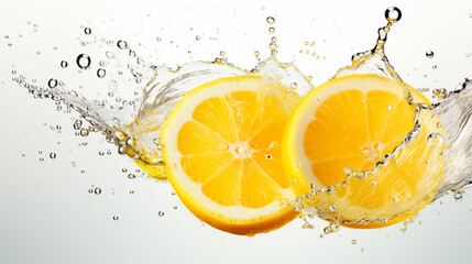 lemon, lemonade with splashes of water on a white background.Generative AI