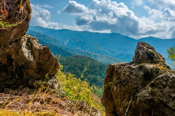 a pair of boulders on a mountainside surrounded by green forest - mountains of the Western Caucasus...
