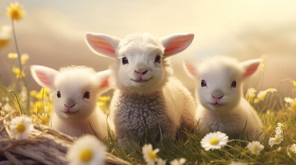 cute little lambs on a fresh spring green meadow. easter. Generative AI