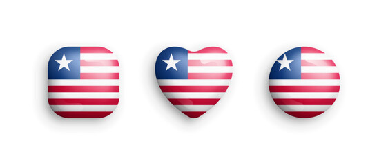 Liberia Official National Flag 3D Vector Glossy Icons In Rounded Square, Heart And Circle Form Isolated On White Back. Liberian Sign And Symbols Graphic Design Elements Volumetric Buttons Collection