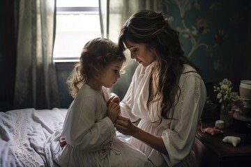 Fototapeta na wymiar A woman and a little girl sitting side by side on a comfortable bed in a cozy room, A mother braiding her daughter's hair in a serene bedroom, AI Generated