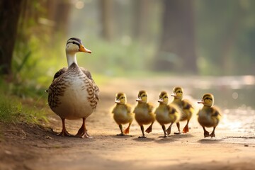 A flock of ducks makes its way down a dirt road, moving in unison, A mother duck followed by a line of ducklings, AI Generated - obrazy, fototapety, plakaty
