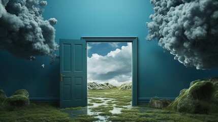 Surreal landscape with a door to another dimension