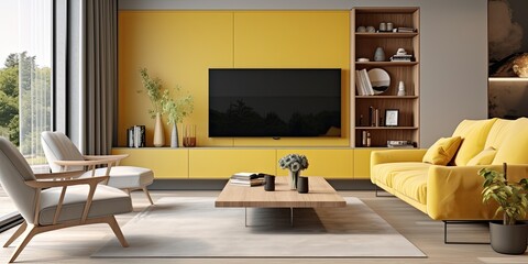 Contemporary living room in an apartment with yellow armchairs and a TV area, facing the TV stand and TV.