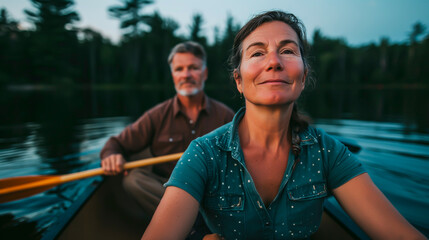 Fototapeta premium Joyful mature woman canoeing on a lake with her husband in the background, shallow focus. Concept of summer hikes and camping in the wild. Shallow field of view. 