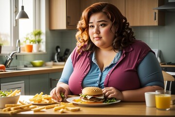 Mulher comendo hambúrguer, no estilo wikihow, para anúncios de nicho black - obrazy, fototapety, plakaty