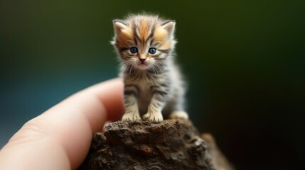 A tiny kitty sitting on the tip of the finger, macro shot, miniaturecore, natural phenomena - obrazy, fototapety, plakaty