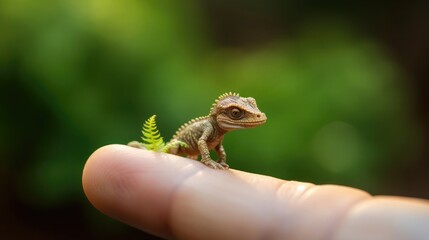 A tiny lizard sitting on the tip of the finger, macro shot, miniaturecore, natural phenomena