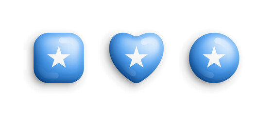 Somalia Official National Flag 3D Vector Glossy Icons In Rounded Square, Heart And Circle Form Isolated On White Back. Somali Sign And Symbols Graphic Design Elements Volumetric Buttons Collection