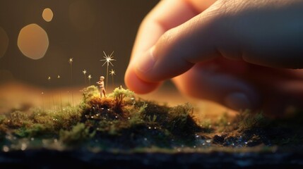 Fototapeta premium A tiny star sitting on the tip of the finger, macro shot, miniaturecore, natural phenomena