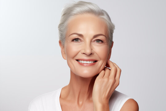 Gorgeous senior older Caucasian woman with short silver hair and natural makeup touching her face
