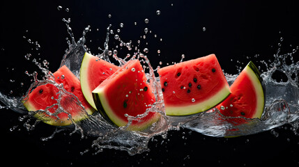 Smooth Fresh ripe organic Watermelon Fruits slices and falling into water and splashes created with Generative AI Technolog