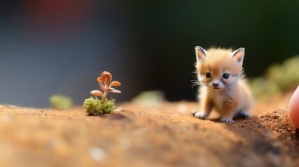 A tiny fox sitting on the tip of the finger, macro shot, miniaturecore, natural phenomena
