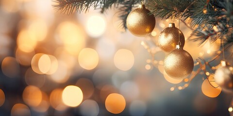 Fototapeta na wymiar Blurred festive lights and golden balls on a fir tree during Christmas.