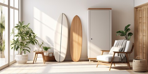 Renovated living room with cozy armchair, drawers, surfboard, and mirror.