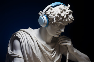 David sculpture with headphones on his head listening to music. Creative concept of music