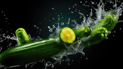 Smooth Fresh organic raw green zucchini courgette baby marrow Vegetables falling into water and splashes