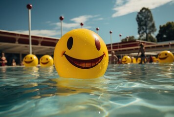 A gleaming yellow ball bounces playfully in the crystal blue pool, reflecting the bright sky above as a smiling child swims towards their beloved toy