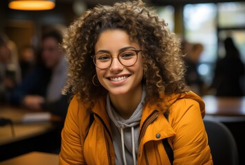 A stylish woman with curly hair and glasses beams with a bright smile as she poses indoors, donning a vibrant yellow jacket that adds a pop of color to her ensemble