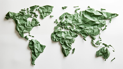 World map made of crumpled green paper isolated on white background. Eco recycling concept.
