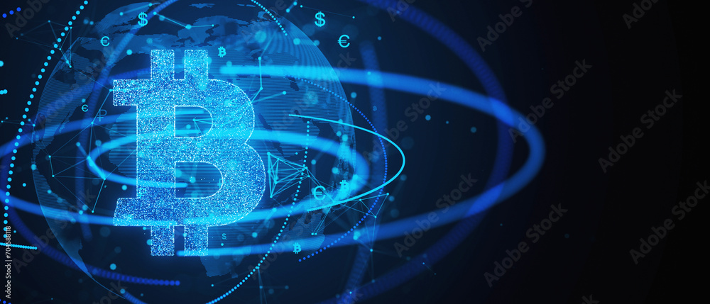 Poster glowing bitcoin icon with blue global network graphics. cryptocurrency and digital finance concept. 
