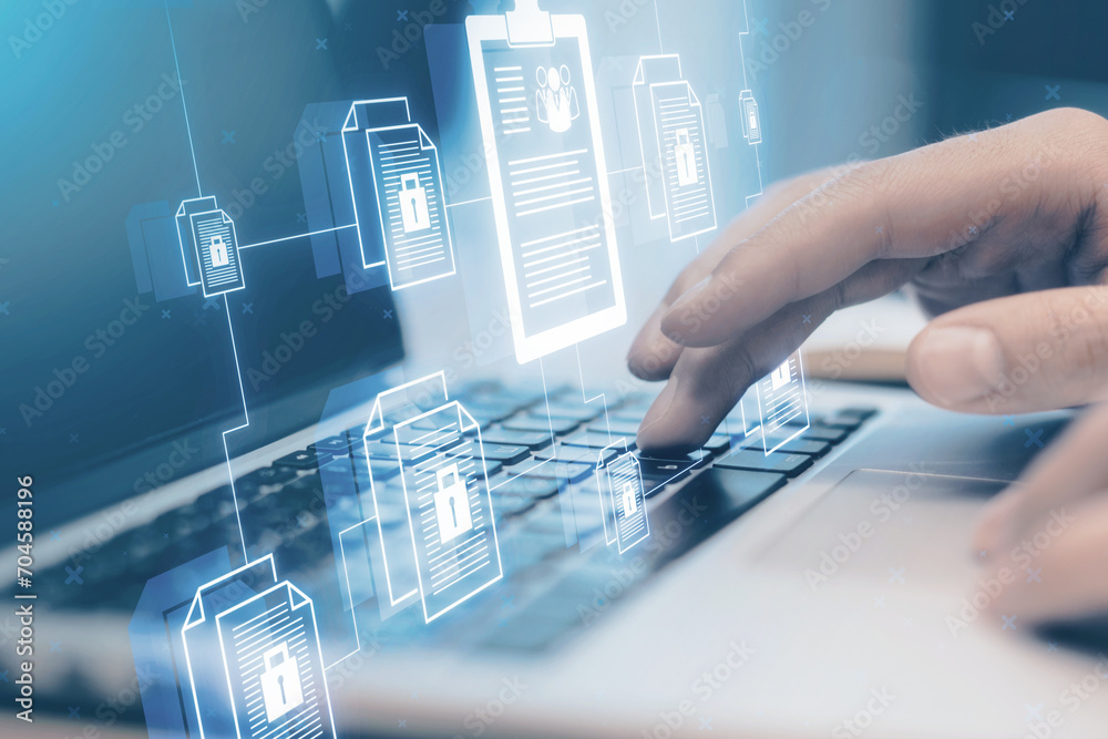 Poster close up of businessman hand using laptop keyboard with creative digital chain of documents on blurr