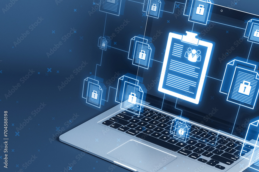 Poster close up of laptop with creative digital chain of documents on blurry background. security, data, lo
