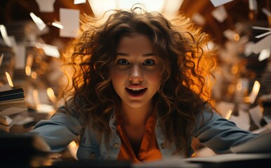 A joyful woman with a wild mane of curls and a contagious smile surrounded by a flurry of flying papers, creating an indoor portrait of a girl embracing the chaos of life